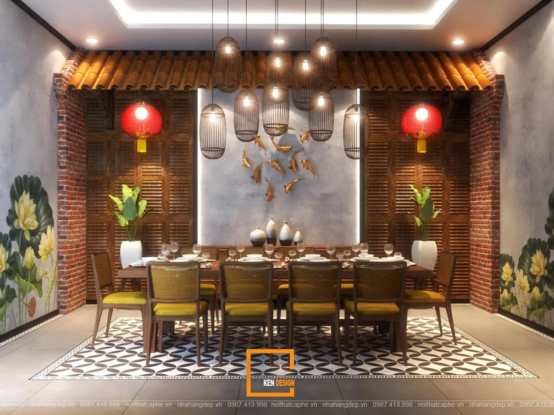 Dining space decorated in vintage Vietnamese countryside style with wooden furniture, lanterns, and floral murals
