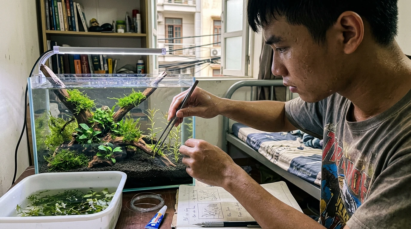 Hướng dẫn setup bể thủy sinh bố cục gỗ: Bí quyết cây phát triển đúng form 3 Một người trẻ Việt Nam đang tỉ mỉ sắp xếp lũa và trồng cây thủy sinh trong bể cá tại studio nhỏ, ánh sáng tự nhiên làm nổi bật bố cục gỗ.