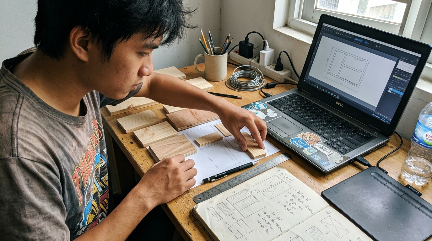 Hướng dẫn setup bể thủy sinh bố cục gỗ: Bí quyết cây phát triển đúng form 4 Một người trẻ Việt Nam đang tỉ mỉ sắp xếp các nhánh gỗ lũa vào bể thủy sinh trên bàn làm việc tại nhà