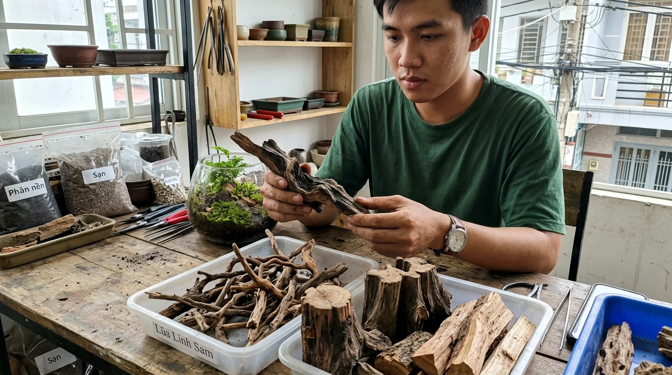 Hướng dẫn setup bể thủy sinh bố cục gỗ: Bí quyết cây phát triển đúng form 5 Một người trẻ Việt Nam đang tỉ mỉ lựa chọn và sắp xếp các nhánh gỗ lũa, gỗ bonsai trên bàn làm việc để chuẩn bị setup bể thủy sinh