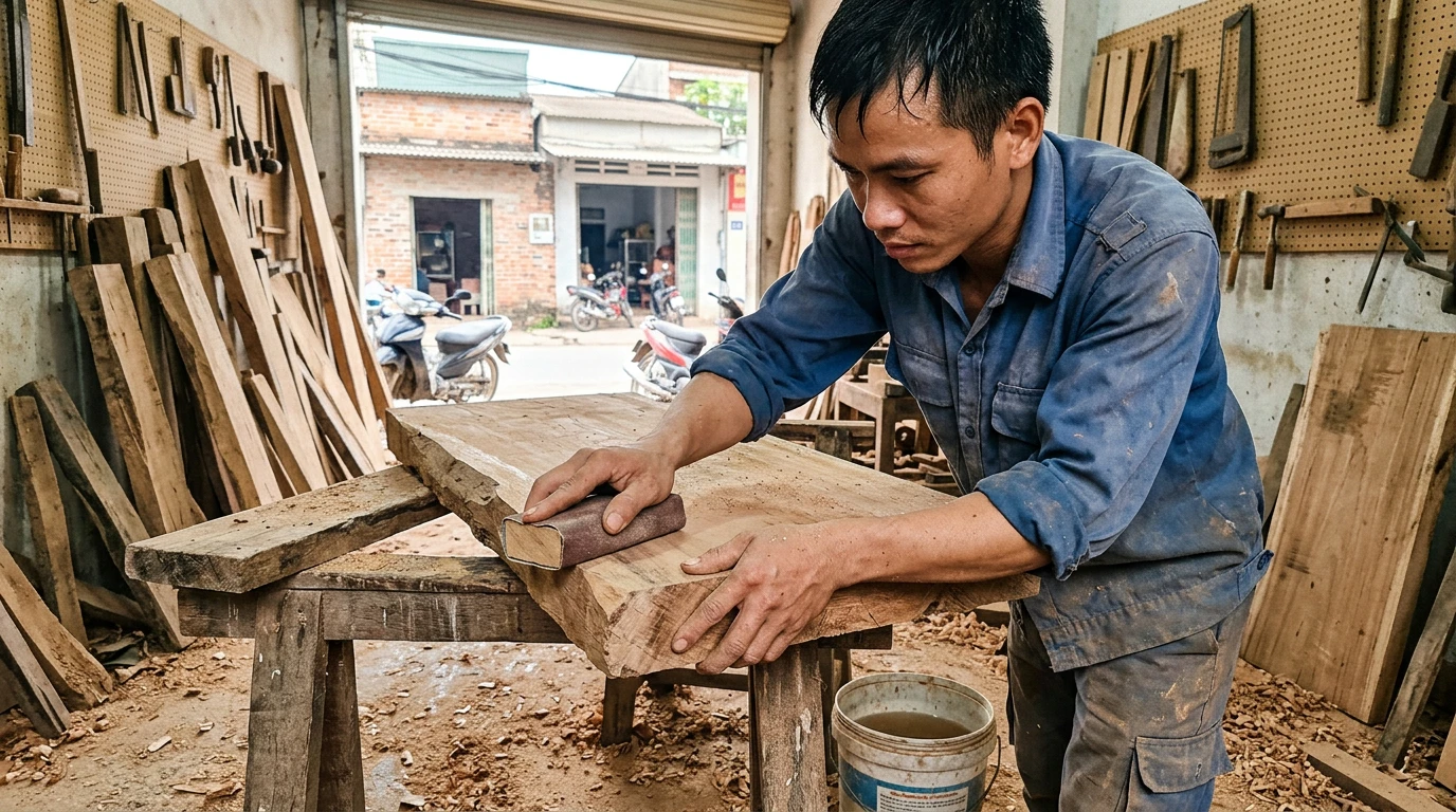 Hướng dẫn setup bể thủy sinh bố cục gỗ: Bí quyết cây phát triển đúng form 6 Một người trẻ Việt Nam đang tỉ mỉ xử lý lũa thủy sinh trong chậu nước tại không gian làm việc sáng tạo, chuẩn bị cho bố cục bể thủy sinh.