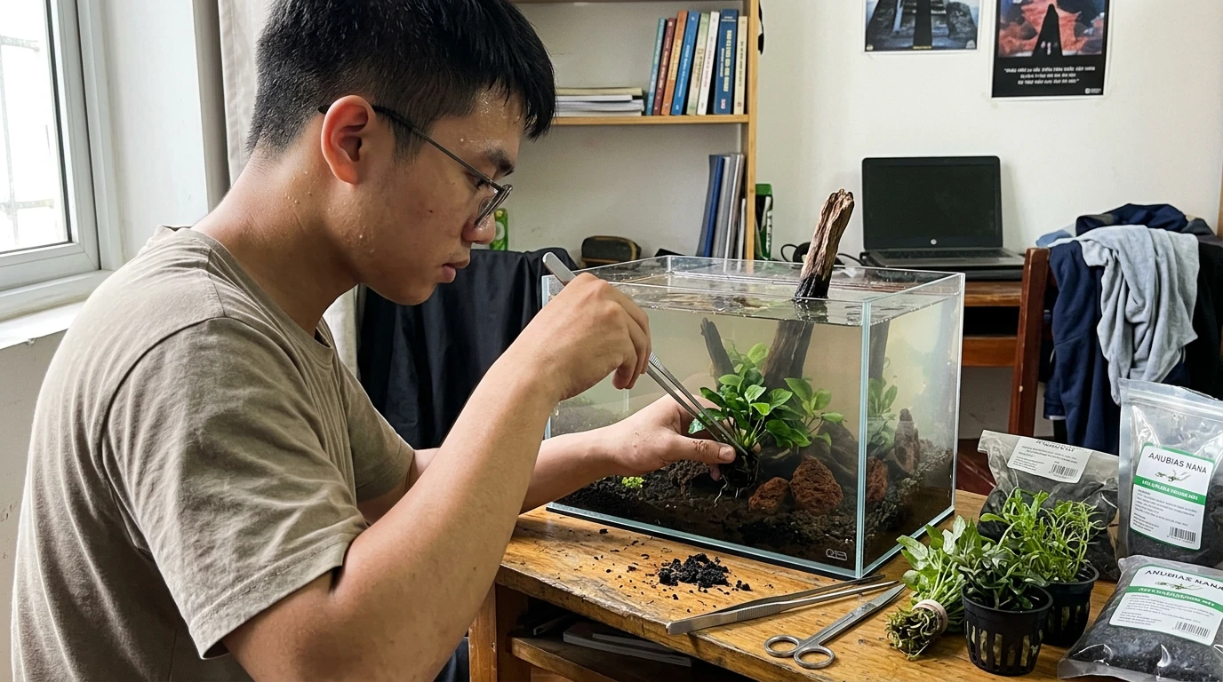 Hướng dẫn setup bể thủy sinh bố cục gỗ: Bí quyết cây phát triển đúng form 8 Một người trẻ Việt Nam đang tỉ mỉ trồng cây thủy sinh vào lớp nền trong bể cá tại studio nhỏ, ánh sáng tự nhiên làm nổi bật chi tiết cây và nhíp chuyên dụng.