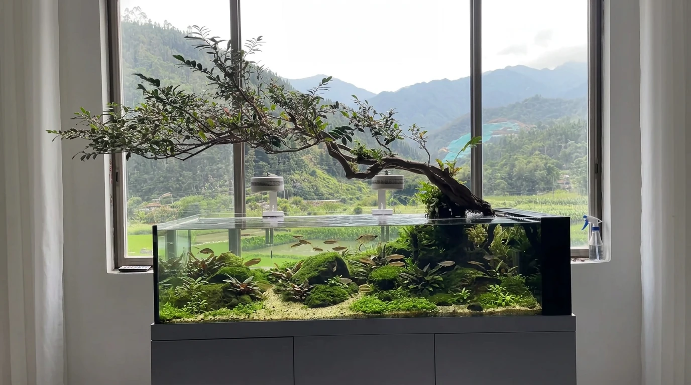 Hướng Dẫn Setup Hồ Suối Cạn (Khê Lưu Cương) Chi Tiết Từ A-Z 3 Hồ suối cạn (Khê Lưu Cương) với đá cuội và cát vàng trong bể kính không viền đặt cạnh cửa sổ nhìn ra cánh đồng lúa Việt Nam