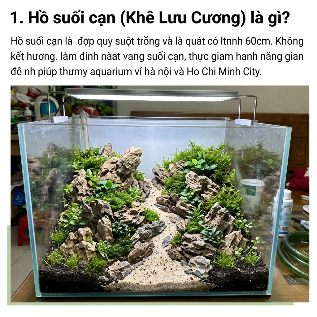 Hướng Dẫn Setup Hồ Suối Cạn (Khê Lưu Cương) Chi Tiết Từ A-Z 4 Hồ thủy sinh phong cách Khê Lưu Cương với bố cục suối cạn, đá cuội và cát vàng trong bể kính không viền đặt cạnh cửa sổ nhìn ra cánh đồng lúa Việt Nam.