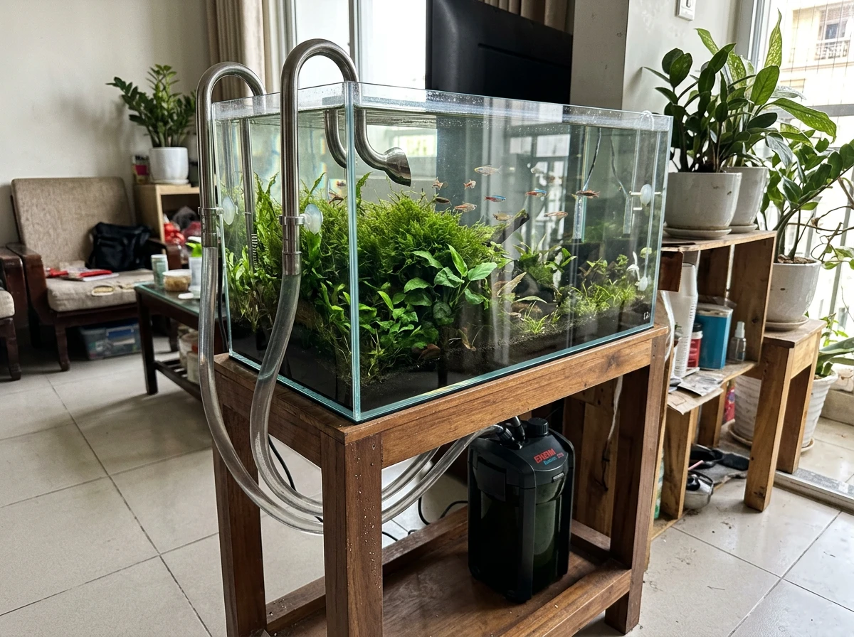 Hướng Dẫn Setup Hồ Suối Cạn (Khê Lưu Cương) Chi Tiết Từ A-Z 6 Bể kính không viền siêu trong và hệ thống lọc ngoài đặt trên kệ gỗ trong không gian nhà hiện đại tại Việt Nam
