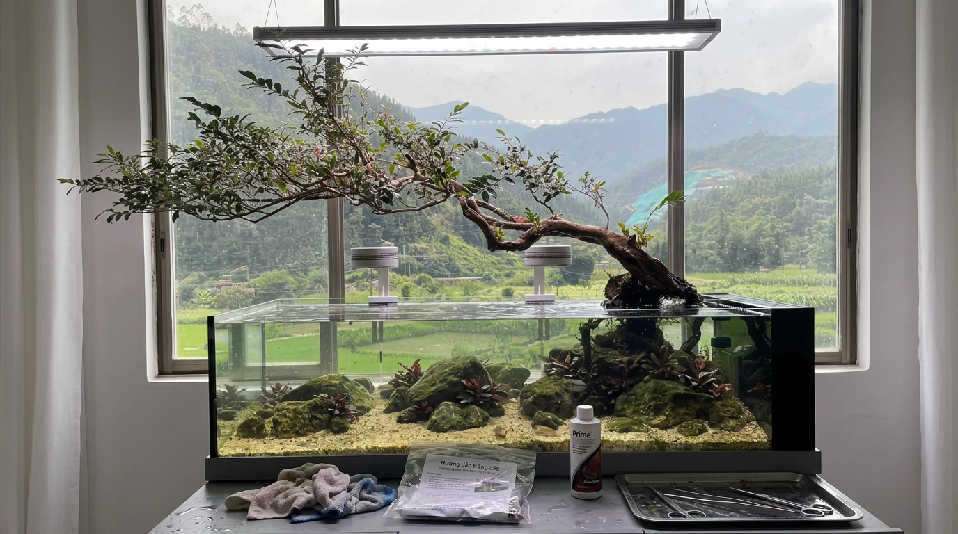 Hướng Dẫn Setup Hồ Suối Cạn (Khê Lưu Cương) Chi Tiết Từ A-Z 8 Cận cảnh các loại cây thủy sinh phù hợp cho hồ suối cạn (khê lưu cương) với đá cuội và cát vàng trong bể kính không viền.