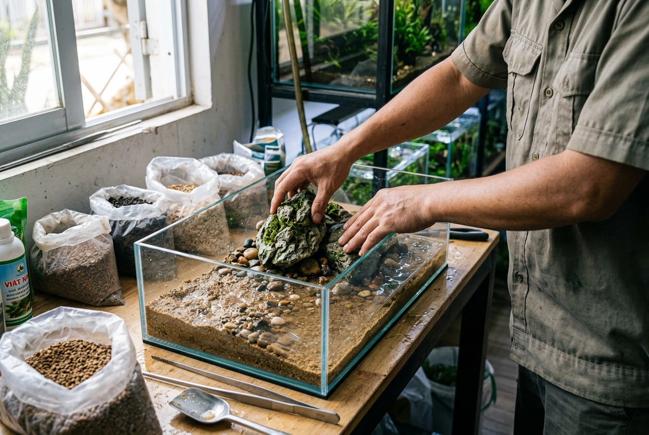 Hướng Dẫn Setup Hồ Suối Cạn (Khê Lưu Cương) Chi Tiết Từ A-Z 9 Quy trình setup hồ suối cạn (khê lưu cương) với các bước sắp xếp đá và cát tự nhiên trong bể kính không viền tại Việt Nam