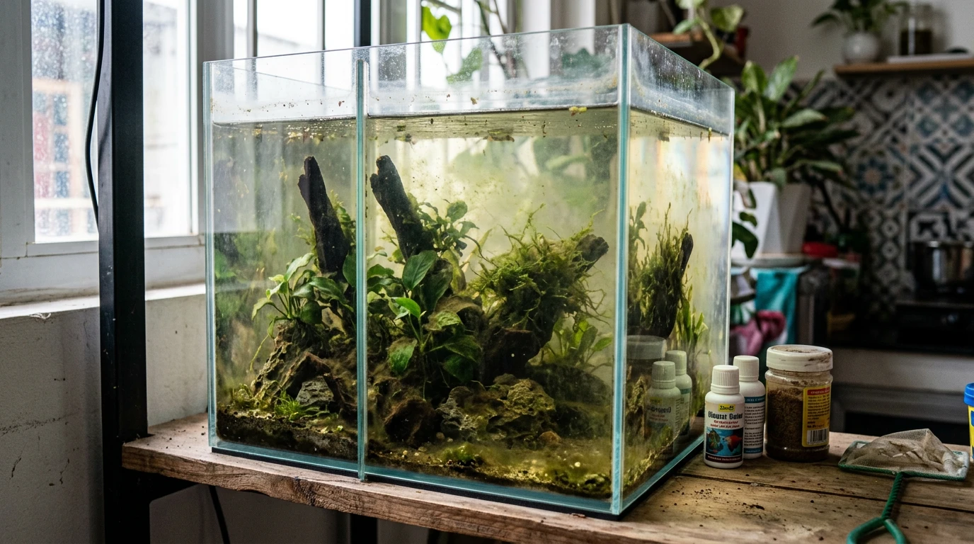 Bể thủy sinh không lọc và cái kết sau 7 ngày làm biếng 2 Bể thủy sinh không lọc bị đục nước và bám rêu sau 7 ngày không chăm sóc