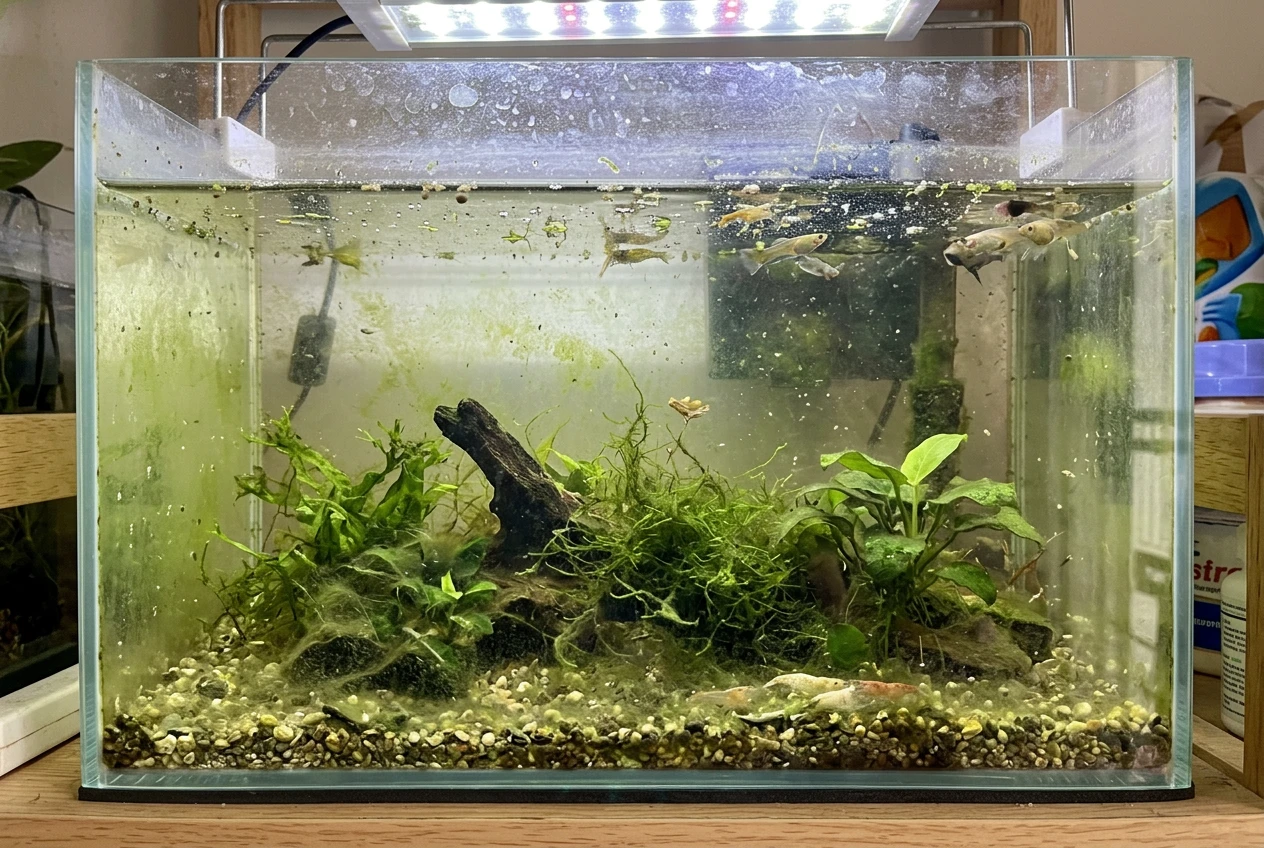 Bể thủy sinh không lọc và cái kết sau 7 ngày làm biếng 3 Bể thủy sinh không lọc bị đục nước và bám rêu sau 7 ngày không chăm sóc