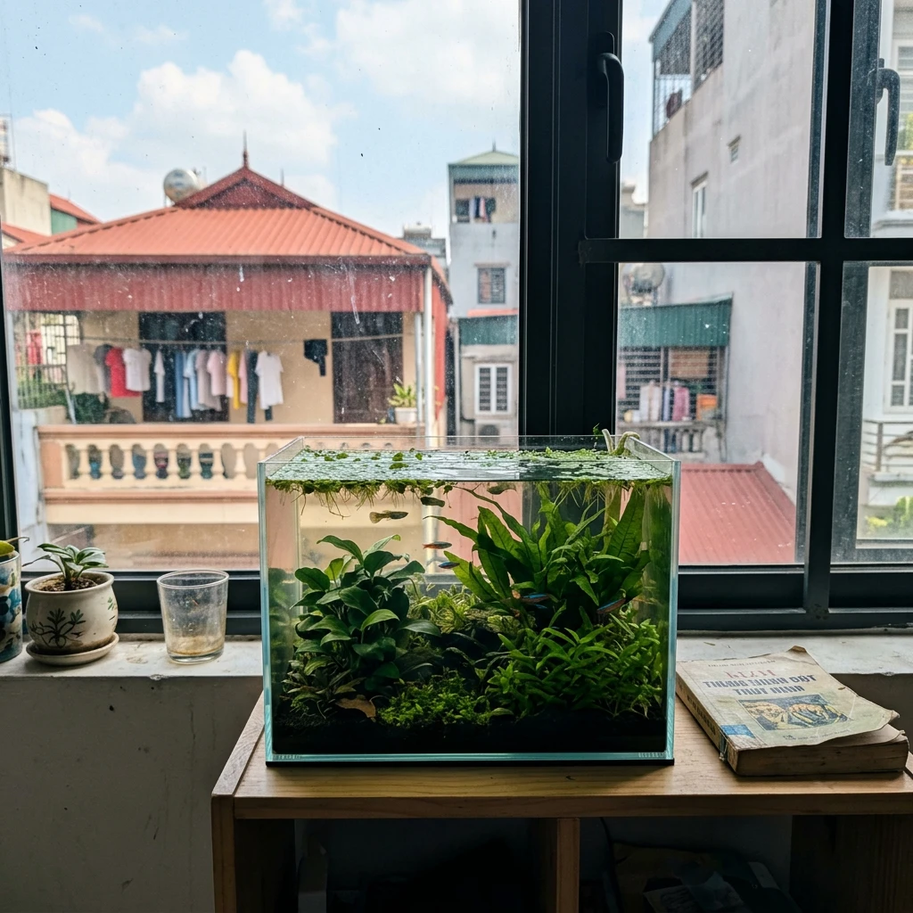 Bể thủy sinh không lọc và cái kết sau 7 ngày làm biếng 5 Bể thủy sinh đặt cạnh cửa sổ tận dụng ánh sáng tự nhiên thay vì dùng đèn LED chuyên dụng