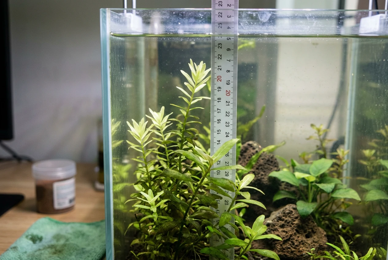 Bể thủy sinh không lọc và cái kết sau 7 ngày làm biếng 6 Cận cảnh sự phát triển của cây thủy sinh trong bể không lọc sau 7 ngày, lá cây xanh tốt nhưng bắt đầu có dấu hiệu bám rêu nhẹ.