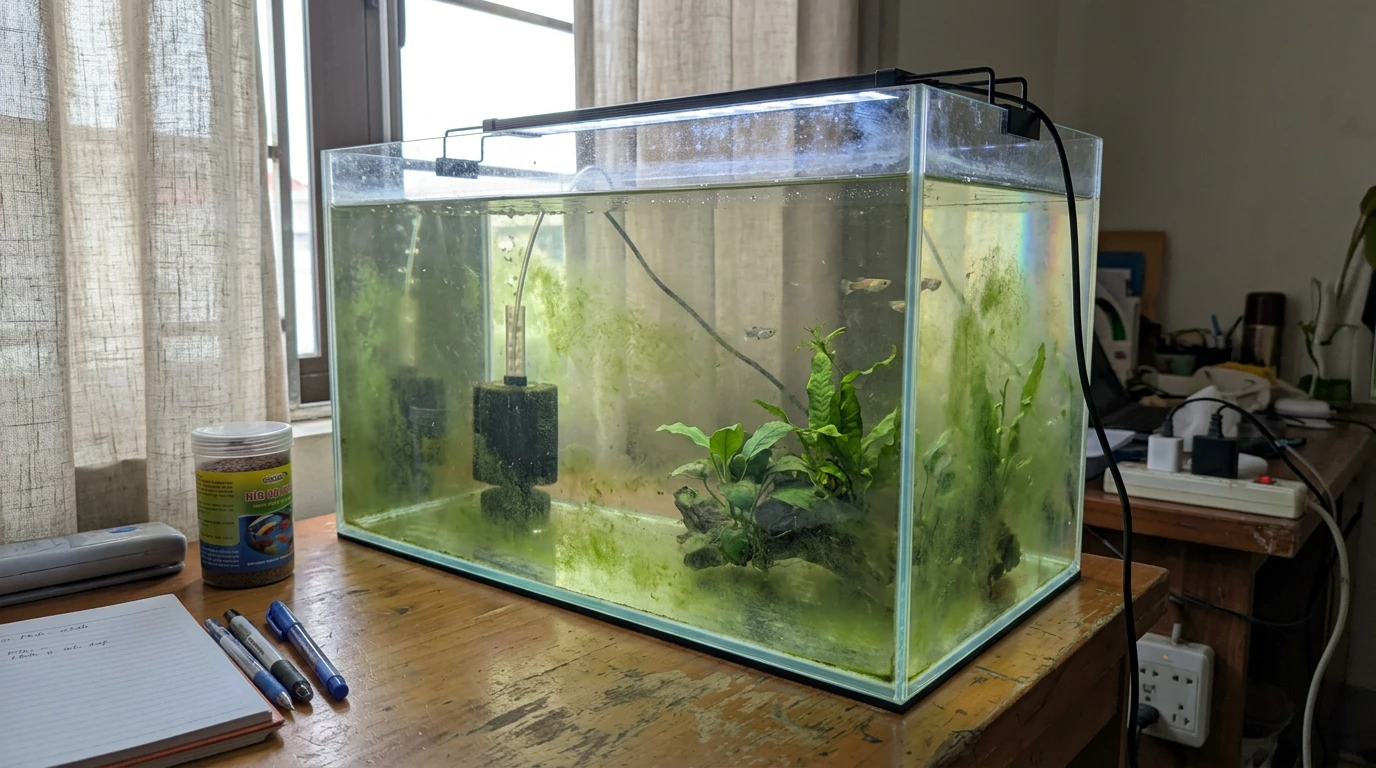 Bể thủy sinh không lọc và cái kết sau 7 ngày làm biếng 8 Bể thủy sinh không lọc bị rêu bám xanh trên thành kính sau 7 ngày không vệ sinh