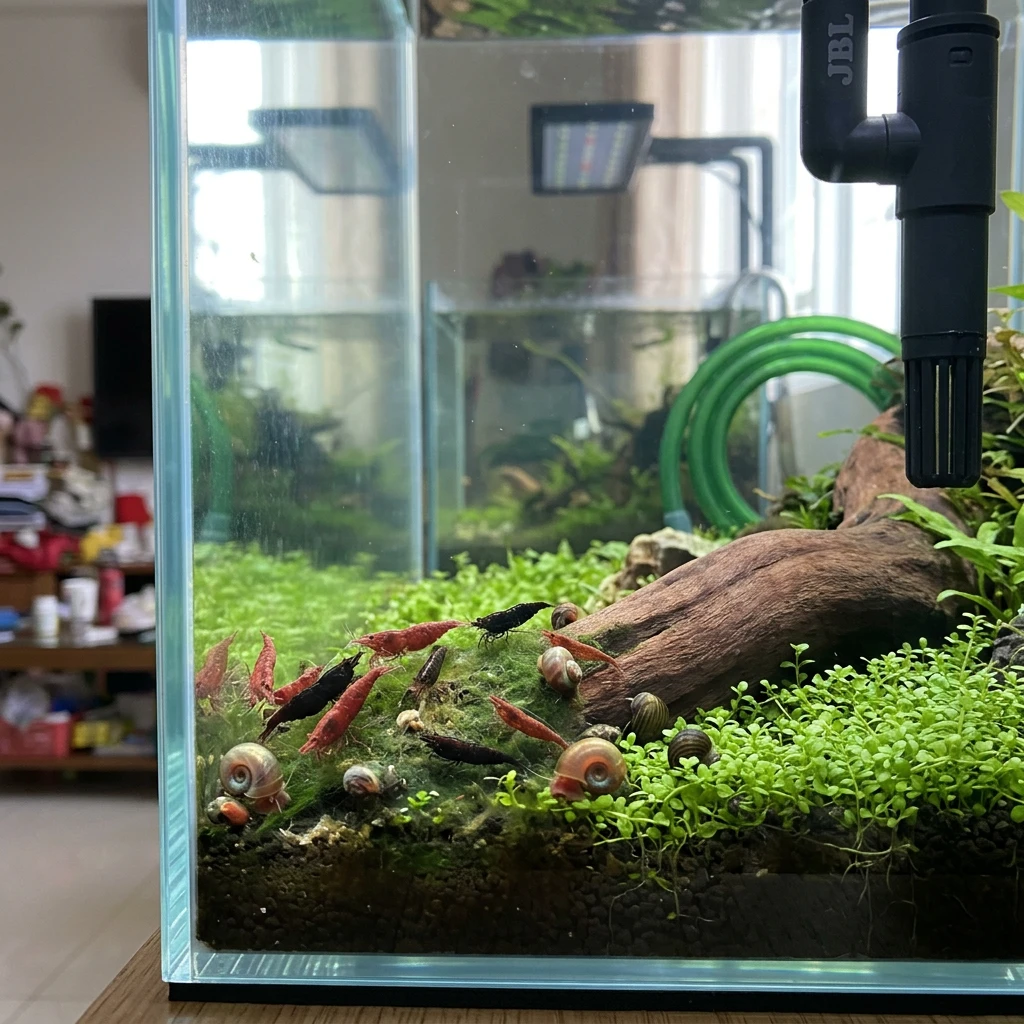 Bể thủy sinh không lọc và cái kết sau 7 ngày làm biếng 10 Một bể thủy sinh nhỏ với các loài cá dọn bể như cá bống và ốc đang làm sạch rêu hại trên mặt kính và đá, minh họa cho chiến lược thả sinh vật dọn bể hiệu quả.