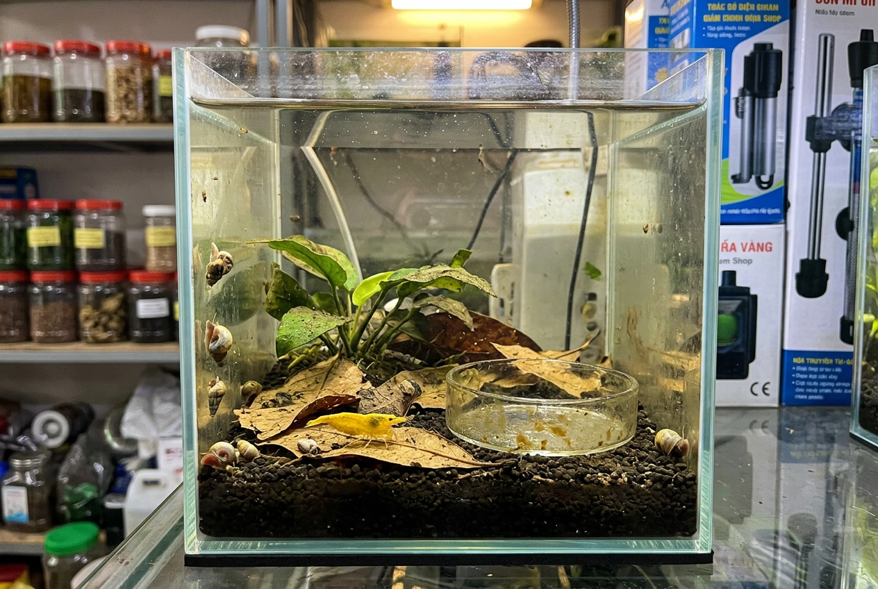 Bể thủy sinh không lọc và cái kết sau 7 ngày làm biếng 11 Cá râu vàng và ốc nước ngọt đang dọn dẹp rêu hại trong bể thủy sinh không lọc