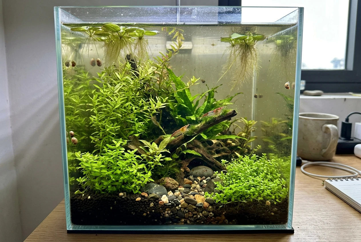 Bể thủy sinh không lọc và cái kết sau 7 ngày làm biếng 12 Bể thủy sinh không lọc tự cân bằng đặt trên bàn làm việc cạnh laptop, thể hiện hệ sinh thái ổn định sau 7 ngày không chăm sóc.