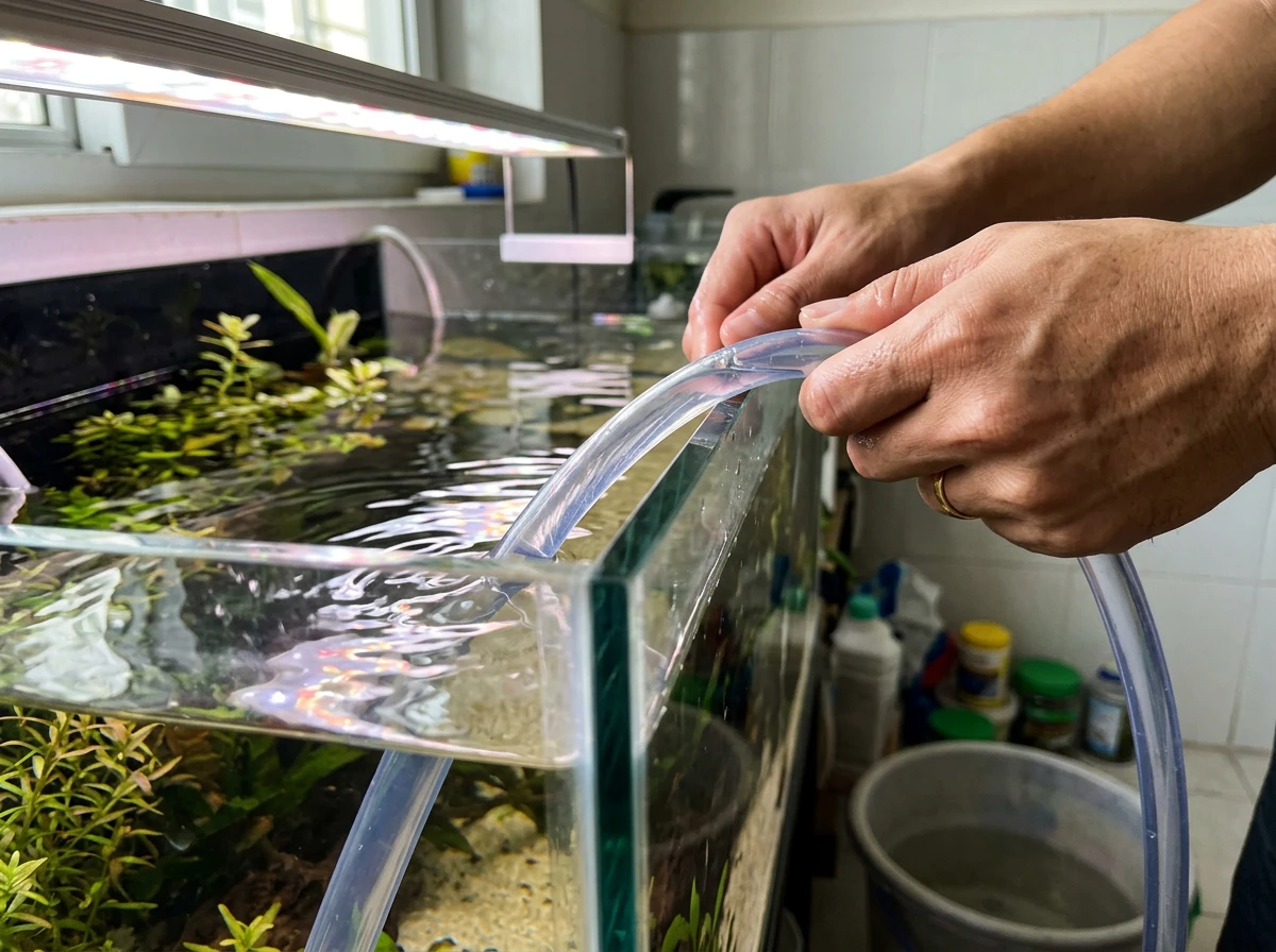 Bể thủy sinh không lọc và cái kết sau 7 ngày làm biếng 13 Cận cảnh thao tác thay nước bể thủy sinh bằng ống hút chuyên dụng tại nhà