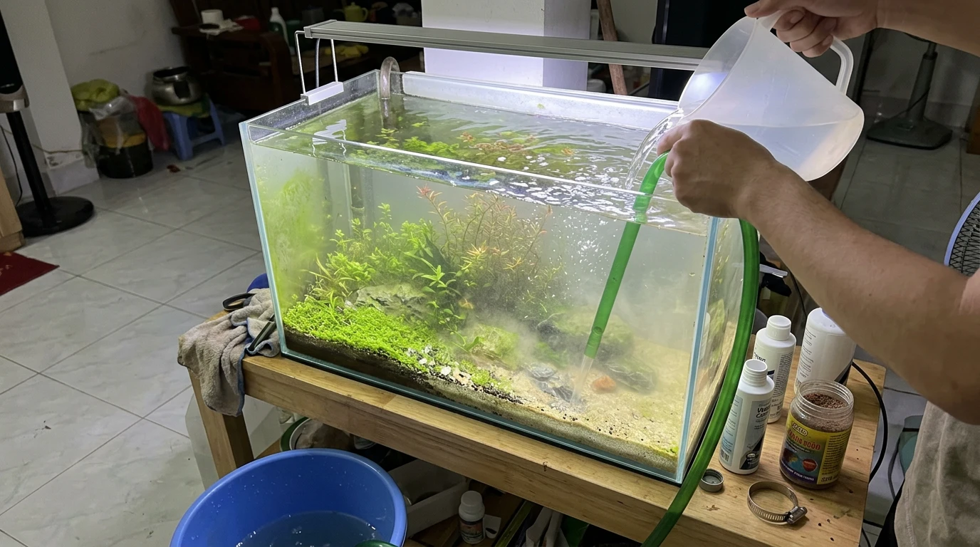 Bể thủy sinh không lọc và cái kết sau 7 ngày làm biếng 14 Cận cảnh bể thủy sinh với hệ sinh thái ổn định, minh họa lý do không nên thay nước quá thường xuyên