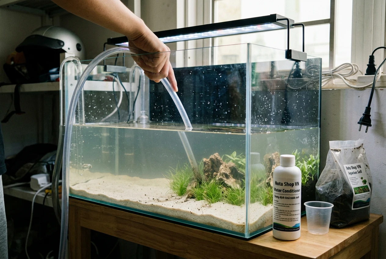 Bể thủy sinh không lọc và cái kết sau 7 ngày làm biếng 15 Bể thủy sinh đang được thay nước định kỳ bằng ống siphon chuyên dụng trong không gian nhà tại Việt Nam