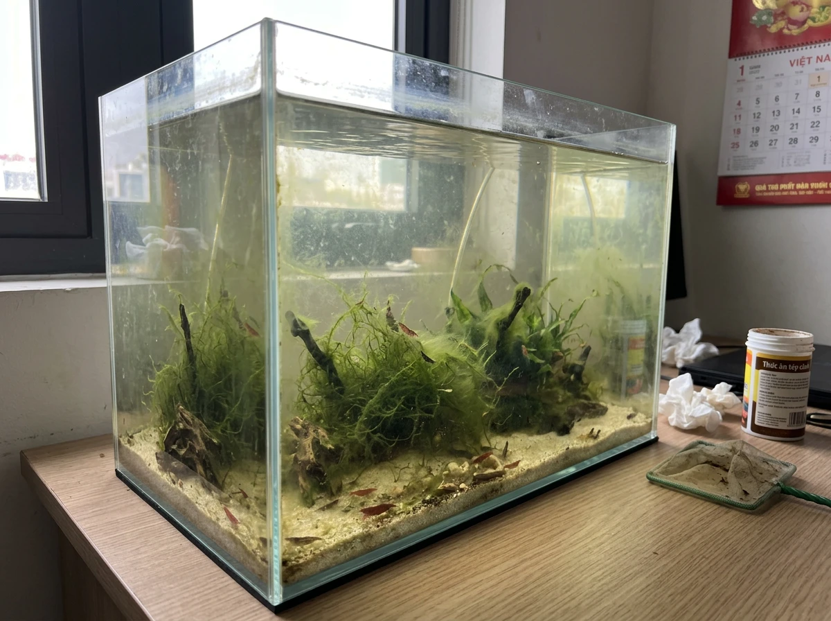 Bể thủy sinh không lọc và cái kết sau 7 ngày làm biếng 16 Bể thủy sinh không lọc bị đục nước và tích tụ cặn bẩn sau 7 ngày không bảo trì, ảnh hưởng đến sức khỏe của tôm cảnh.