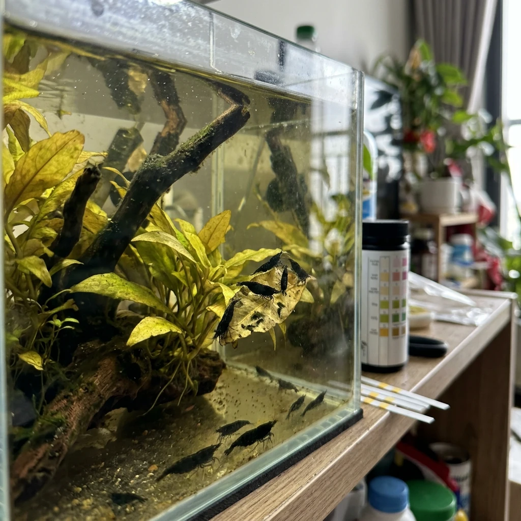 Bể thủy sinh không lọc và cái kết sau 7 ngày làm biếng 17 Cận cảnh tôm đen (Black Shrimp) đang bơi trong bể thủy sinh, minh họa độ nhạy cảm với chất lượng nước kém