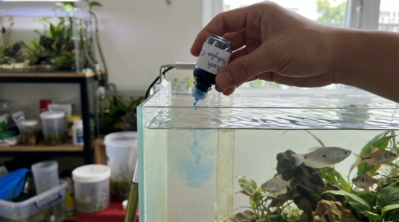 Nhỏ xanh methylen vào bể cá có sao không: Hướng dẫn an toàn và hiệ 2 Lọ thuốc xanh methylen đặt cạnh bể cá cảnh thủy sinh trong không gian nhà tại Việt Nam