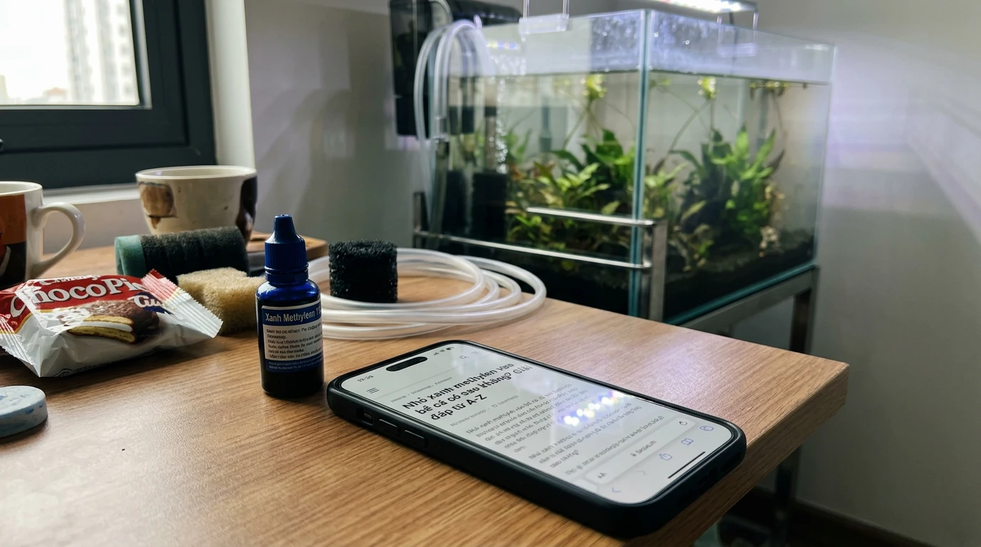 Nhỏ xanh methylen vào bể cá có sao không: Hướng dẫn an toàn và hiệ 3 Lọ xanh methylen đặt cạnh bể cá thủy sinh tại nhà ở Việt Nam