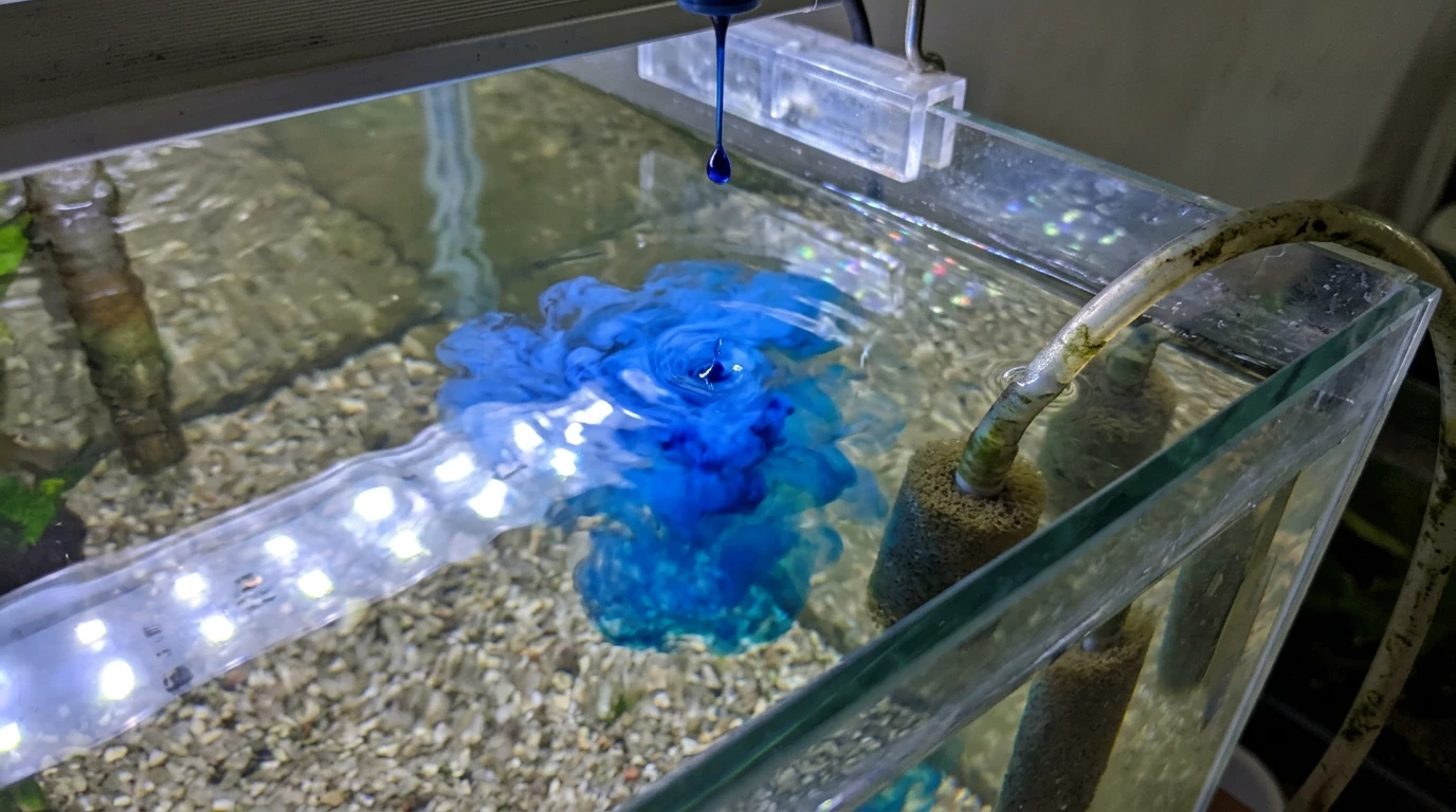 Nhỏ xanh methylen vào bể cá có sao không: Hướng dẫn an toàn và hiệ 4 Cận cảnh lọ xanh methylen đang được nhỏ vào bể cá cảnh để xử lý nấm và ký sinh trùng