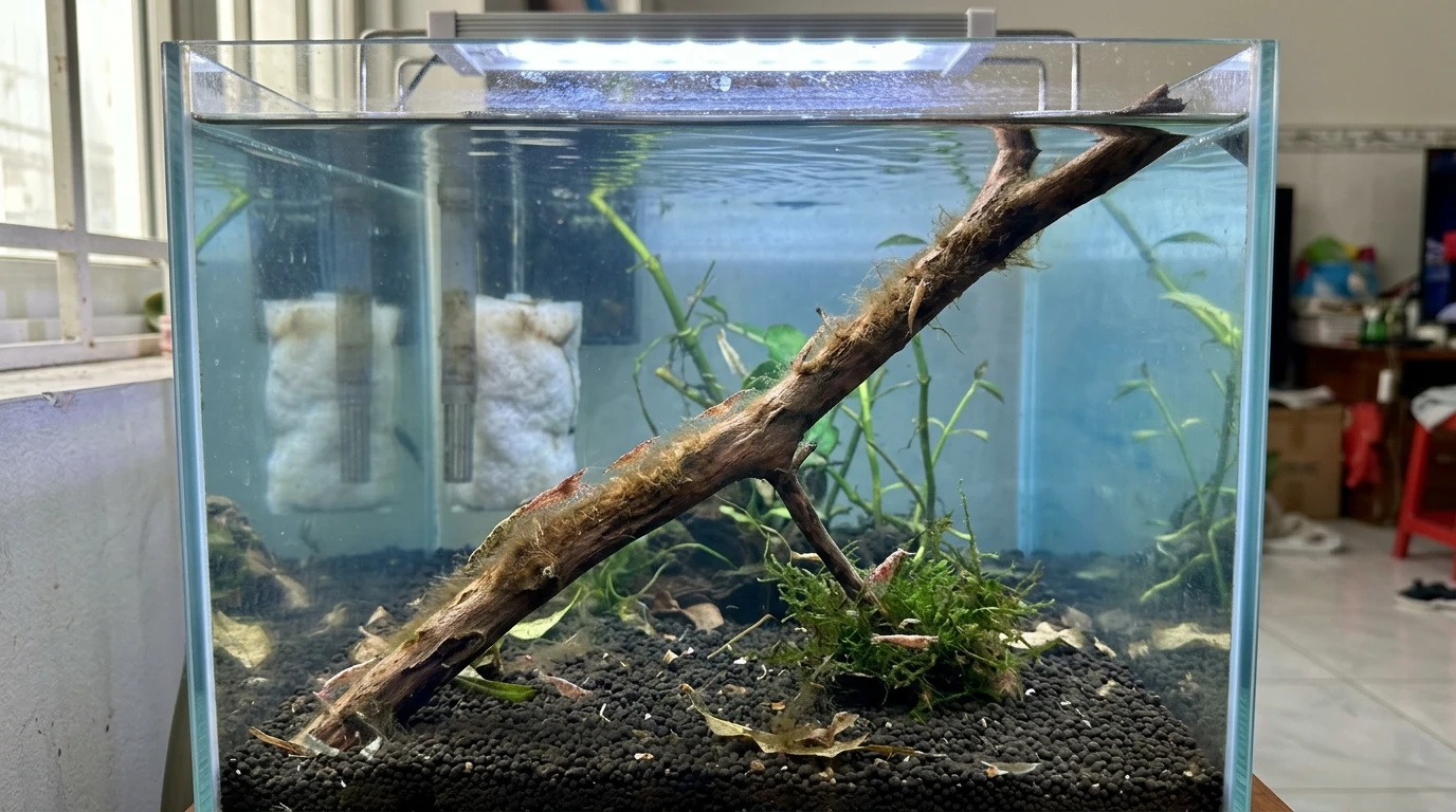 Nhỏ xanh methylen vào bể cá có sao không: Hướng dẫn an toàn và hiệ 8 Lọ xanh methylen đặt cạnh bể cá thủy sinh tại nhà, minh họa rủi ro khi nhỏ trực tiếp vào bể chính