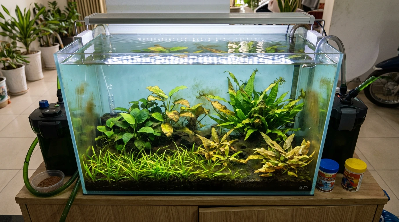 Nhỏ xanh methylen vào bể cá có sao không: Hướng dẫn an toàn và hiệ 10 Bể thủy sinh bị ảnh hưởng bởi xanh methylen với lá cây úa vàng và rêu hại phát triển mất kiểm soát