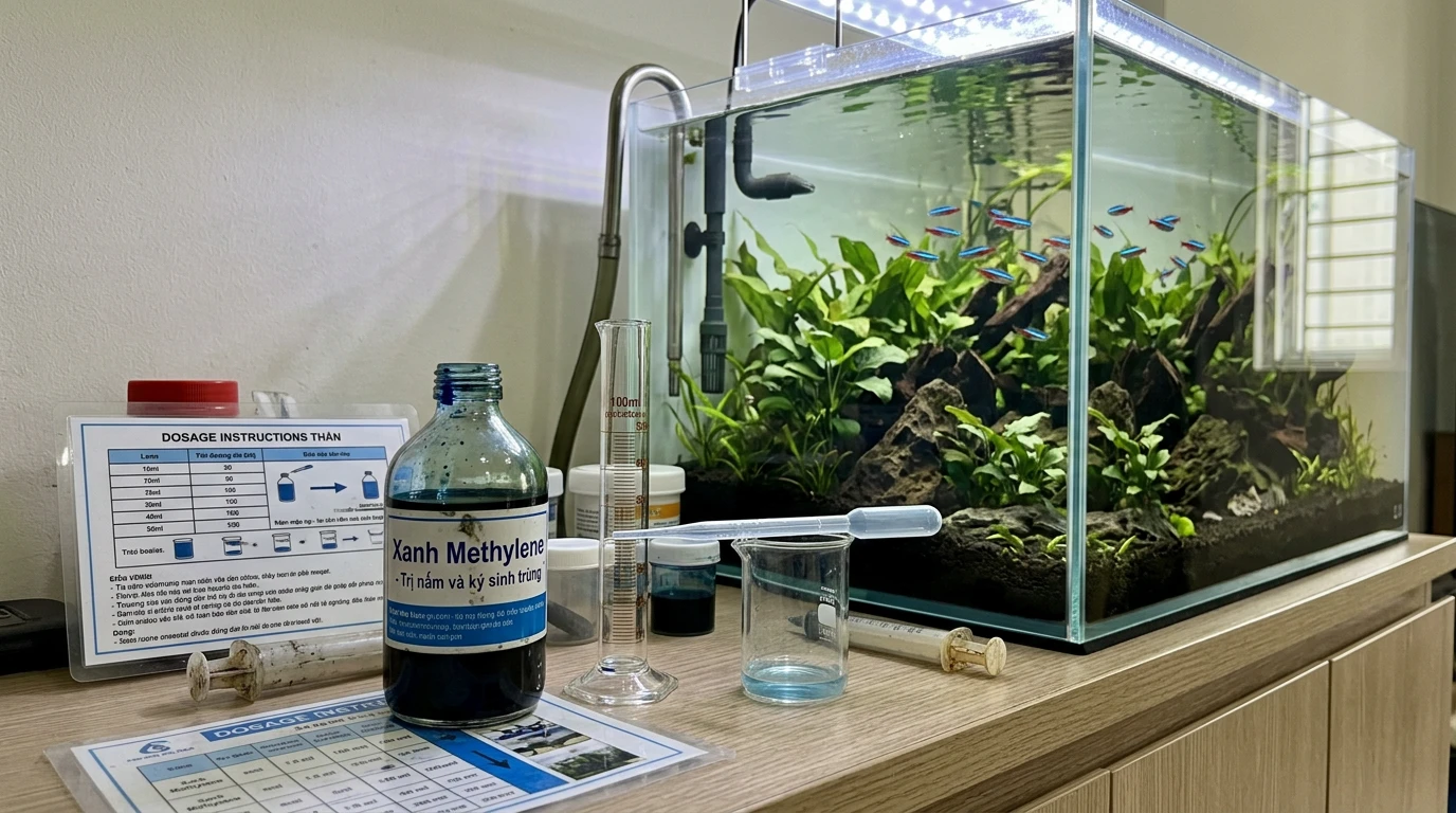 Nhỏ xanh methylen vào bể cá có sao không: Hướng dẫn an toàn và hiệ 12 Dụng cụ đo lường và lọ xanh methylen đặt cạnh bể cá thủy sinh để chuẩn bị định lượng thuốc an toàn