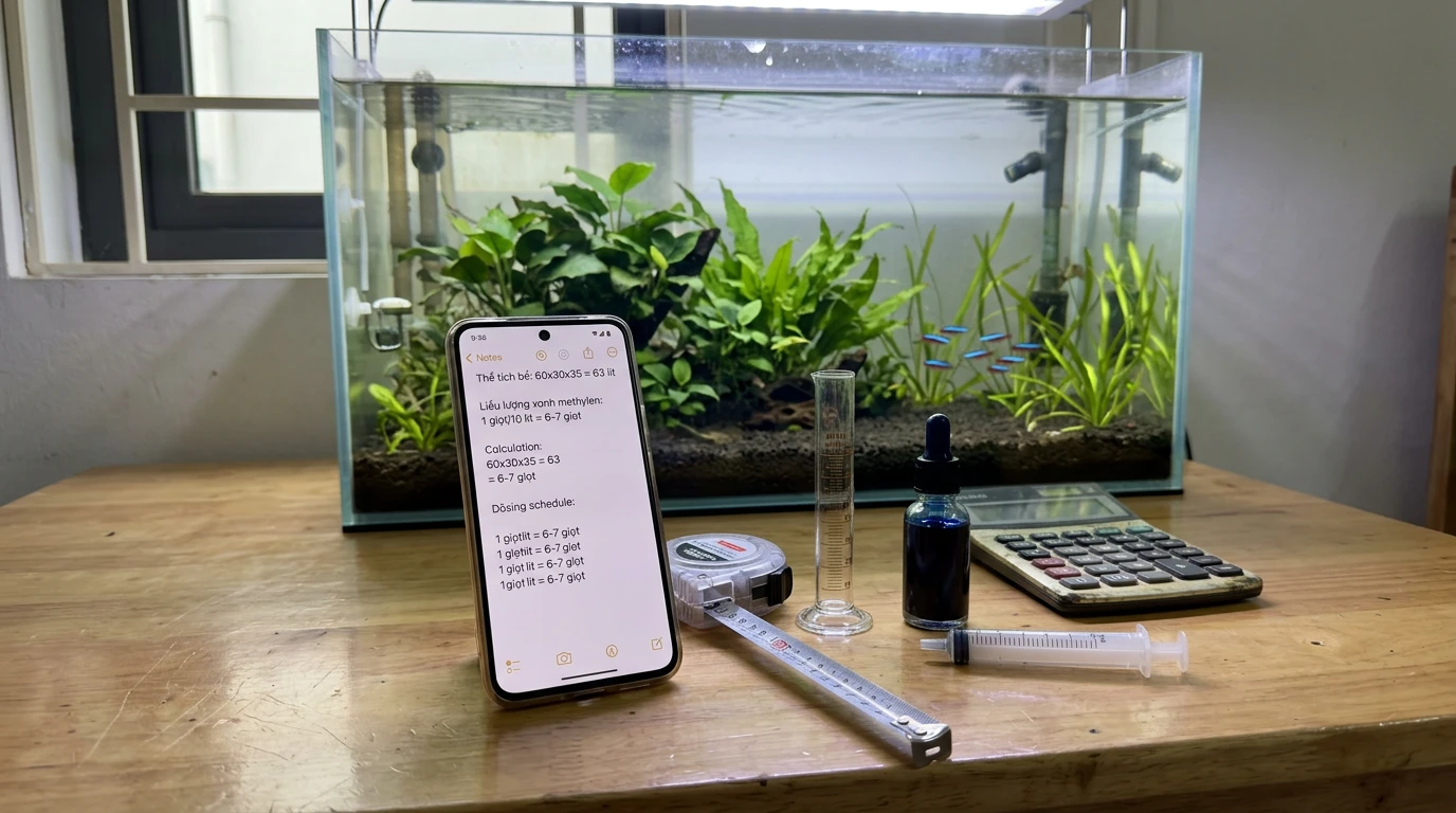Nhỏ xanh methylen vào bể cá có sao không: Hướng dẫn an toàn và hiệ 13 Một chiếc điện thoại thông minh đặt cạnh bể cá cảnh, hiển thị ứng dụng tính toán thể tích nước để pha xanh methylen chính xác