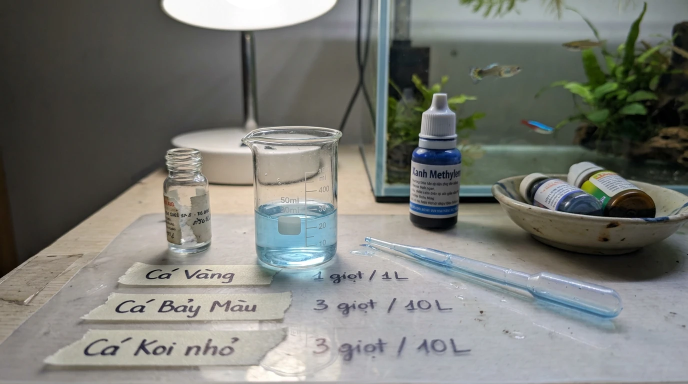 Nhỏ xanh methylen vào bể cá có sao không: Hướng dẫn an toàn và hiệ 14 Một lọ xanh methylen đặt cạnh ống nhỏ giọt trên mặt bể cá cảnh tại Việt Nam