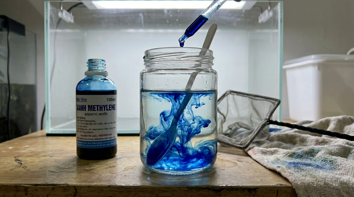 Nhỏ xanh methylen vào bể cá có sao không: Hướng dẫn an toàn và hiệ 15 Cốc thủy tinh nhỏ chứa dung dịch xanh methylen đã hòa tan hoàn toàn trước khi cho vào bể cá