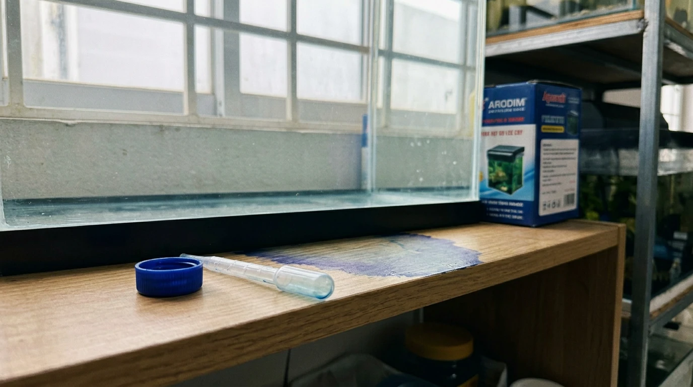 Nhỏ xanh methylen vào bể cá có sao không: Hướng dẫn an toàn và hiệ 16 Một bể cách ly nhỏ với nước có màu xanh nhạt đặc trưng của xanh methylen, bên trong có một chú cá đang được theo dõi sức khỏe.