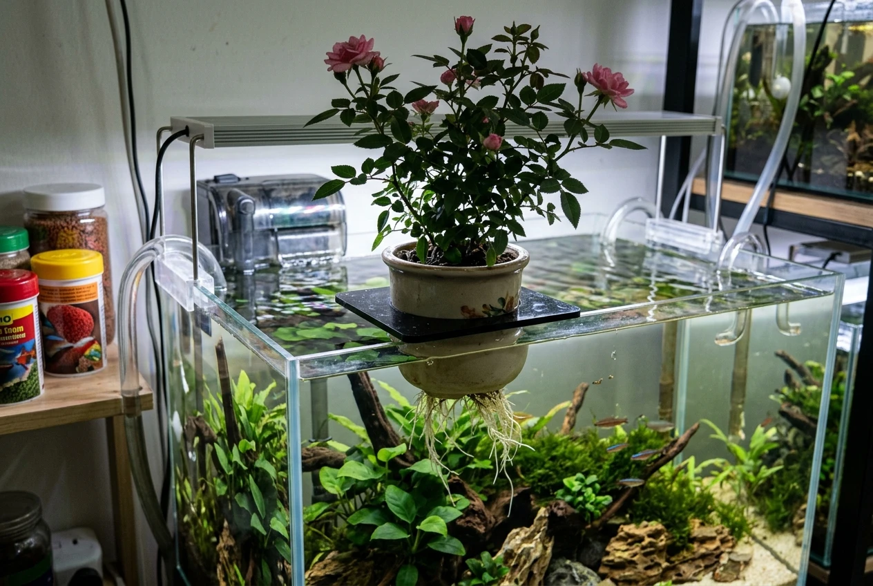 Cây hồng mini Hime Otome trồng thủy canh trên bể cá cảnh tại nhà
