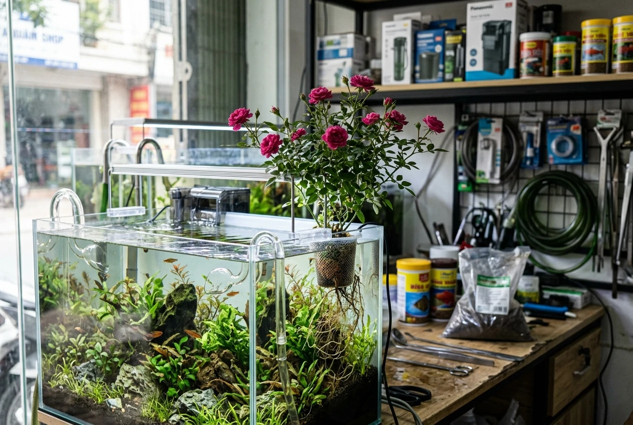 Cây hồng mini Hime Otome trồng thủy canh trên bể cá cảnh tại nhà