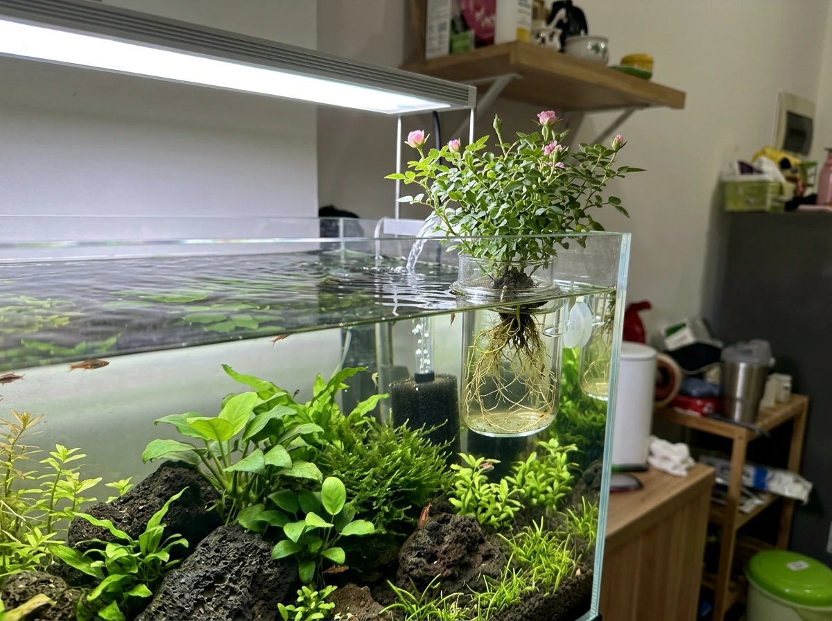 Cây hồng mini Hime Otome trồng thủy canh trên bể cá với bộ rễ phát triển khỏe mạnh trong môi trường nước
