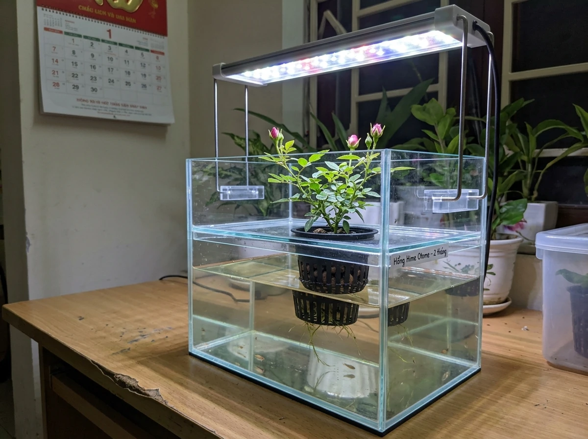 Cây hồng mini Hime Otome trồng thủy canh trên bể cá với ánh sáng đèn LED chuyên dụng