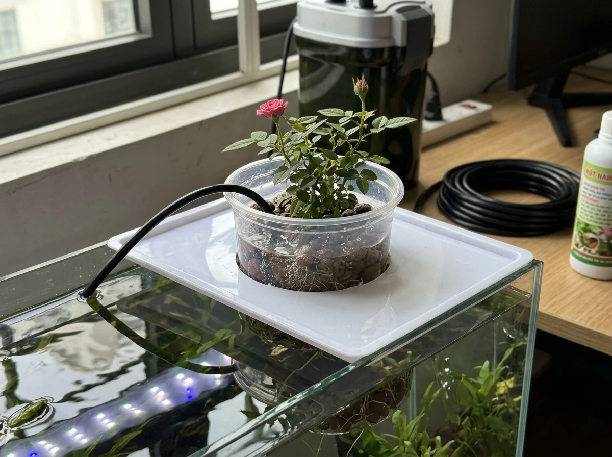 Hệ thống thủy canh chuyên dụng cho cây hồng mini Hime Otome đặt trên thành bể cá cảnh tại Việt Nam