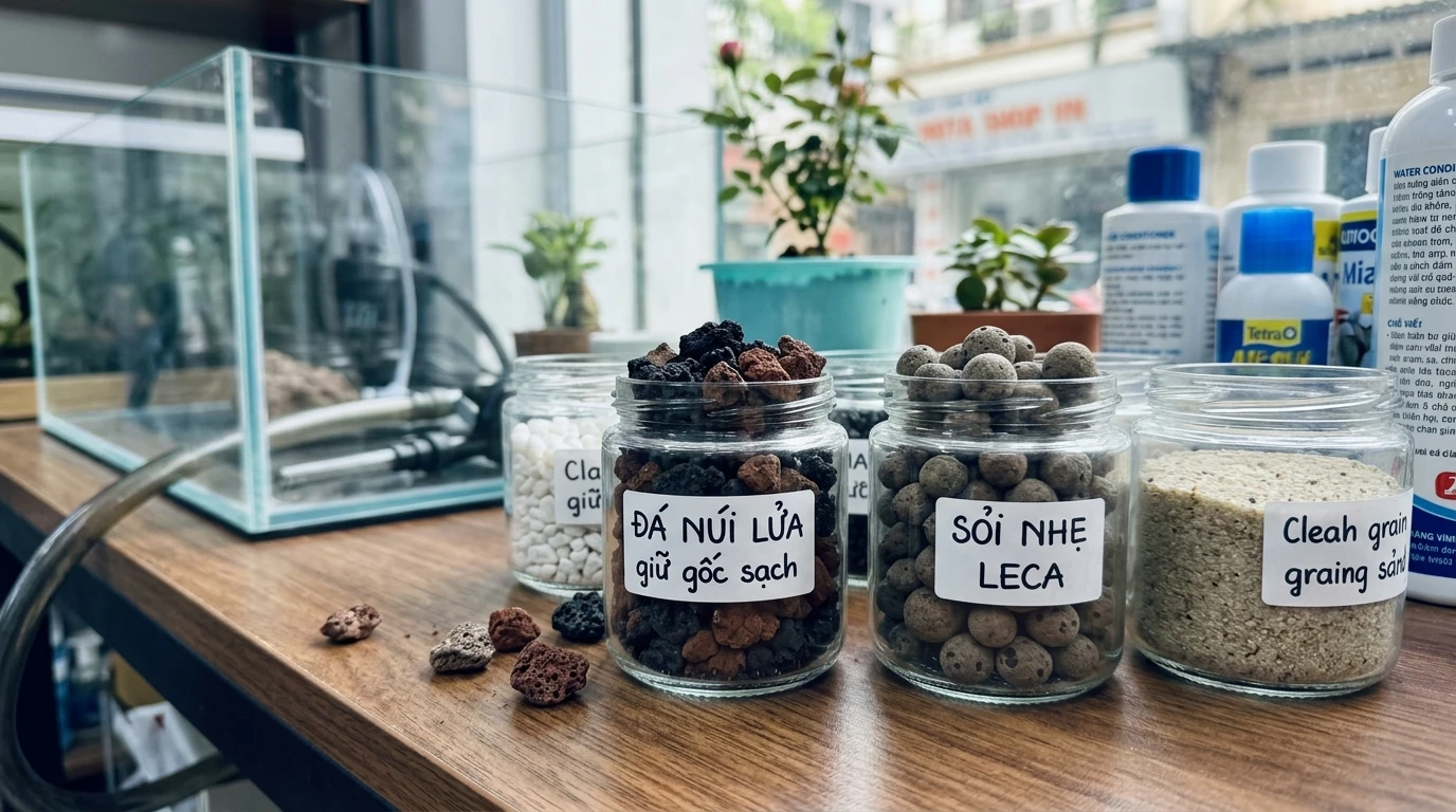 Giá thể đá nham thạch và sỏi nhẹ chuyên dụng giữ gốc cây hồng mini Hime Otome trong bể cá thủy canh
