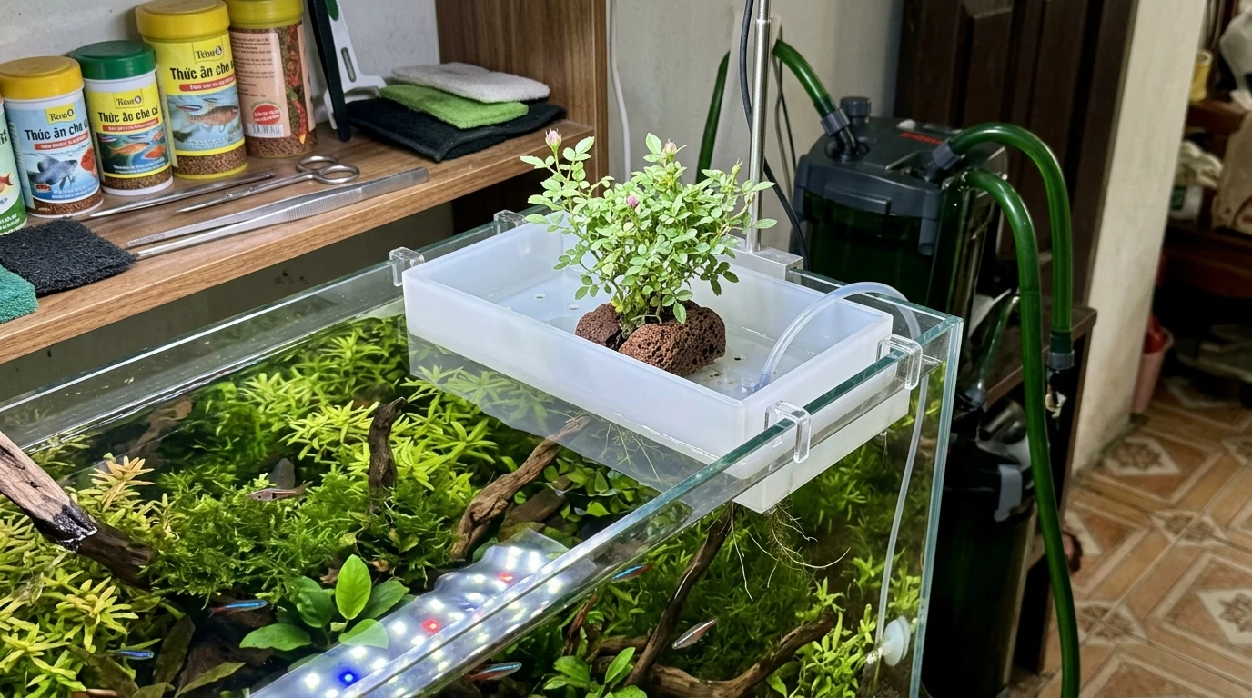 Giàn treo và khay nổi cố định trồng cây hồng mini Hime Otome trên bể cá thủy canh tại Việt Nam