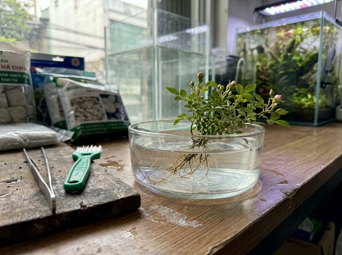 Quy trình xử lý rễ cây hồng mini Hime Otome trước khi trồng thủy canh trên bể cá