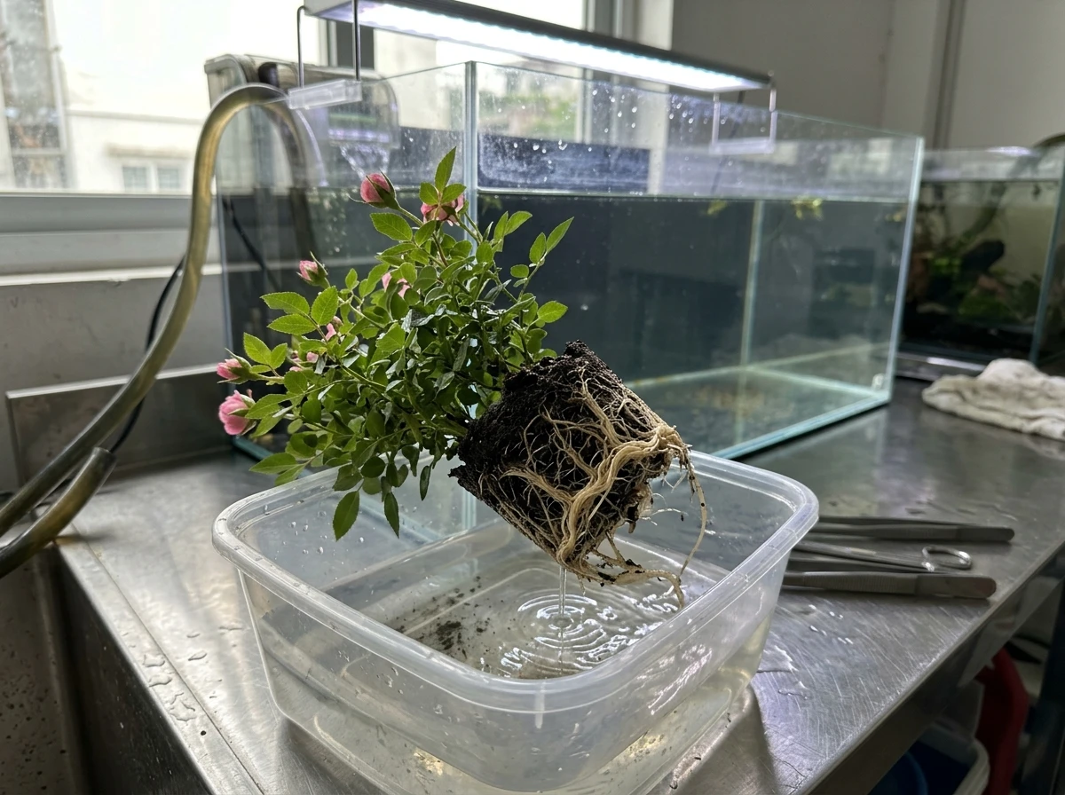 Quy trình làm sạch rễ cây hồng mini Hime Otome trước khi trồng thủy canh trên bể cá