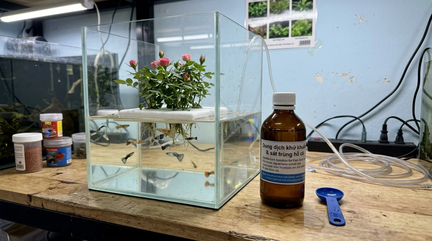 Dung dịch khử khuẩn chuyên dụng đặt cạnh bể cá thủy canh trồng hồng mini Hime Otome trong không gian nhà tại Việt Nam