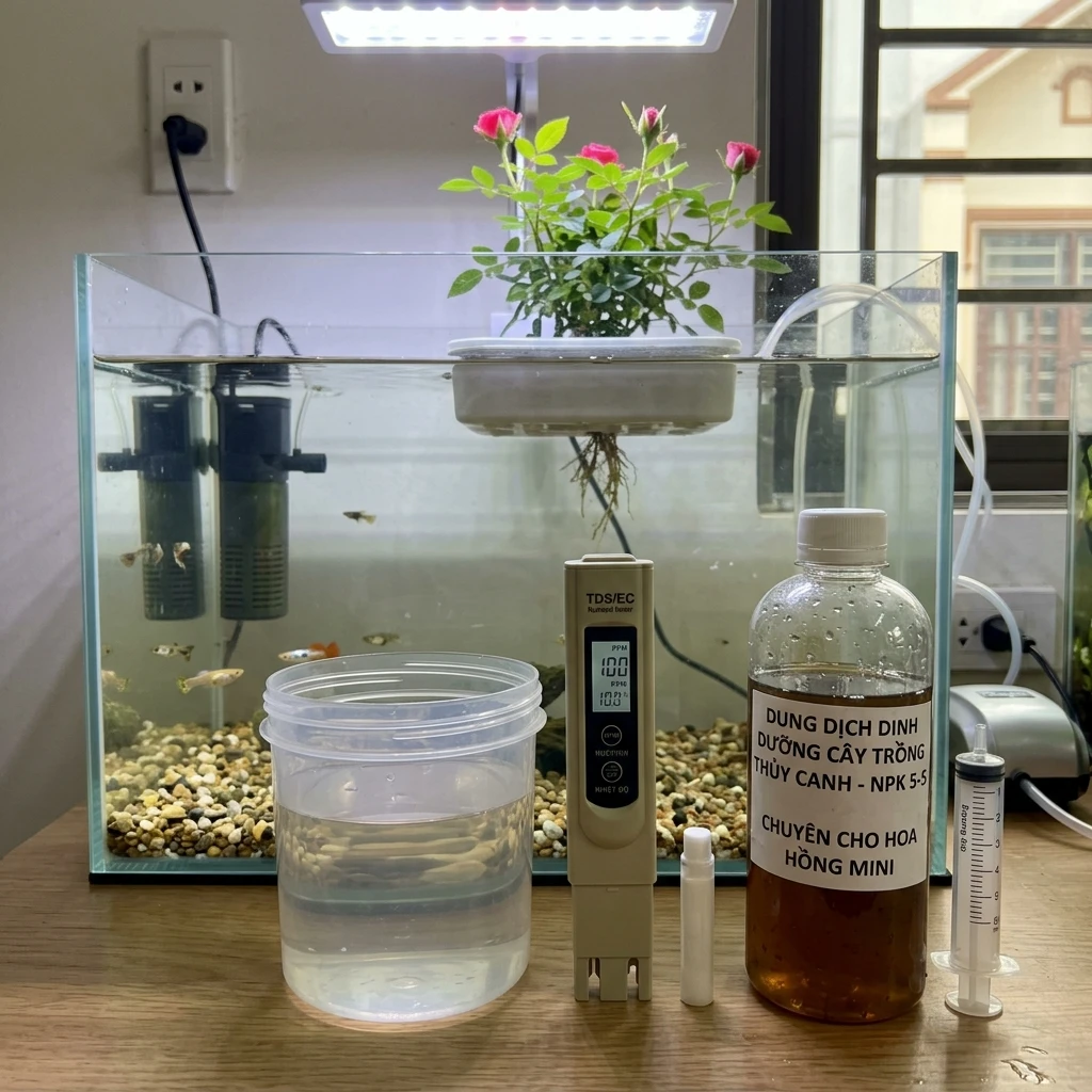 Cận cảnh bộ rễ cây hồng mini Hime Otome phát triển khỏe mạnh trong bể cá thủy canh với hệ thống lọc nước chuyên nghiệp