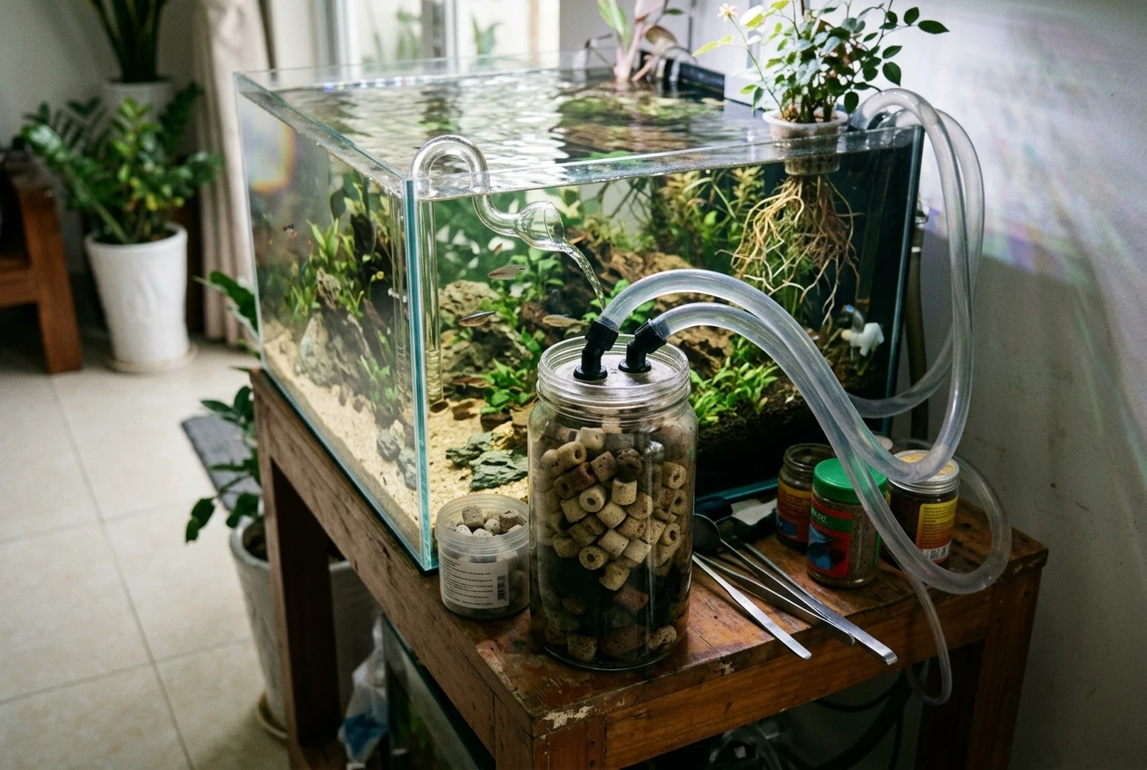 Cây hồng mini Hime Otome trồng thủy canh trên bể cá giúp kiểm soát nồng độ nitrat tự nhiên