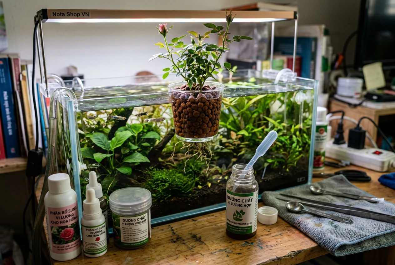 Chai dung dịch vi lượng đặt cạnh bể cá thủy canh trồng hoa hồng mini Hime Otome