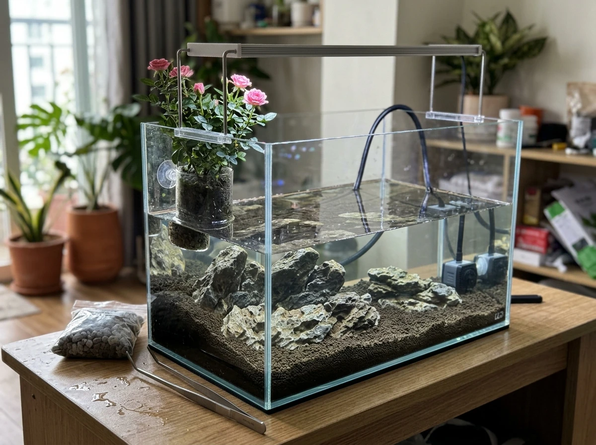 Quy trình lắp đặt cây hồng mini Hime Otome trồng thủy canh trên bể cá cảnh tại nhà
