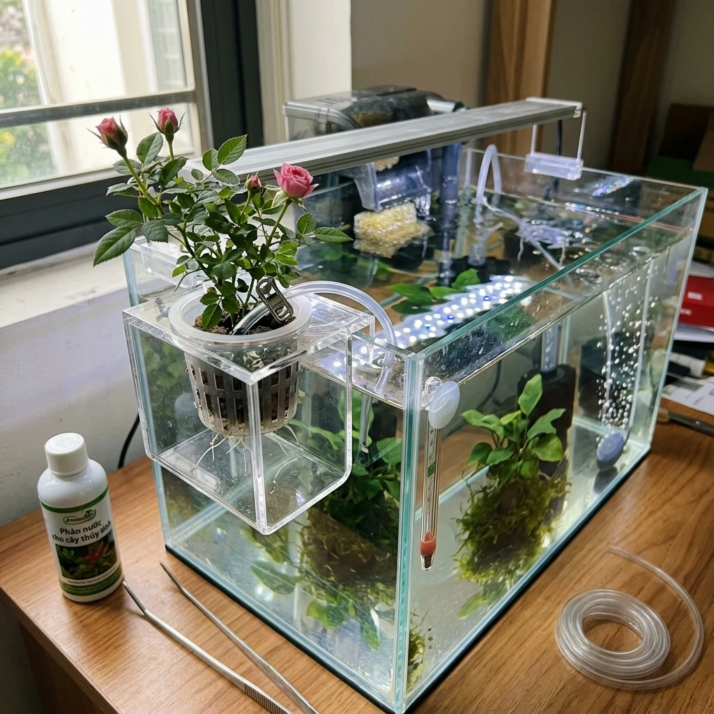 Cận cảnh rễ cây hồng mini Hime Otome được cố định chắc chắn vào mép bể cá thủy canh bằng giá đỡ chuyên dụng