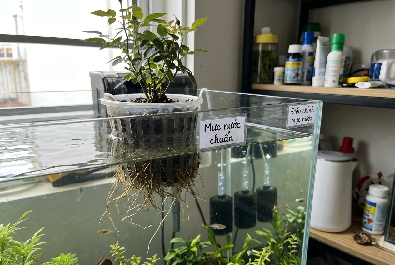 Cận cảnh bộ rễ cây hồng mini Hime Otome được trồng thủy canh trên bể cá với mực nước được điều chỉnh hợp lý